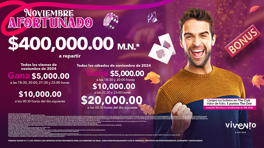 Diviértete con nuestro sorteo NOVIEMBRE AFORTUNADO con $400,000 pesos* a repartir