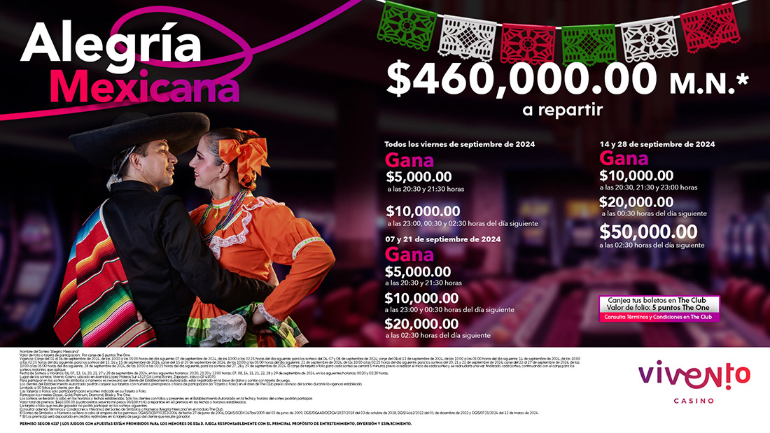 Septiembre se llena de emoción en Vivento Casino con nuestro Sorteo Alegría Mexicana