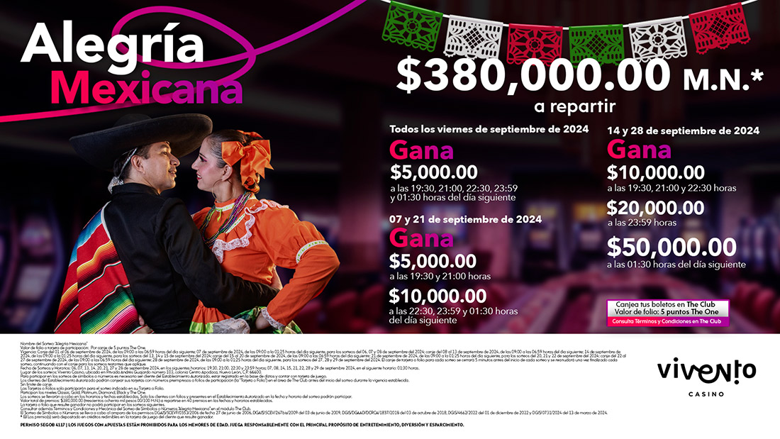 Septiembre se llena de emoción en Vivento Casino con nuestro Sorteo Alegría Mexicana