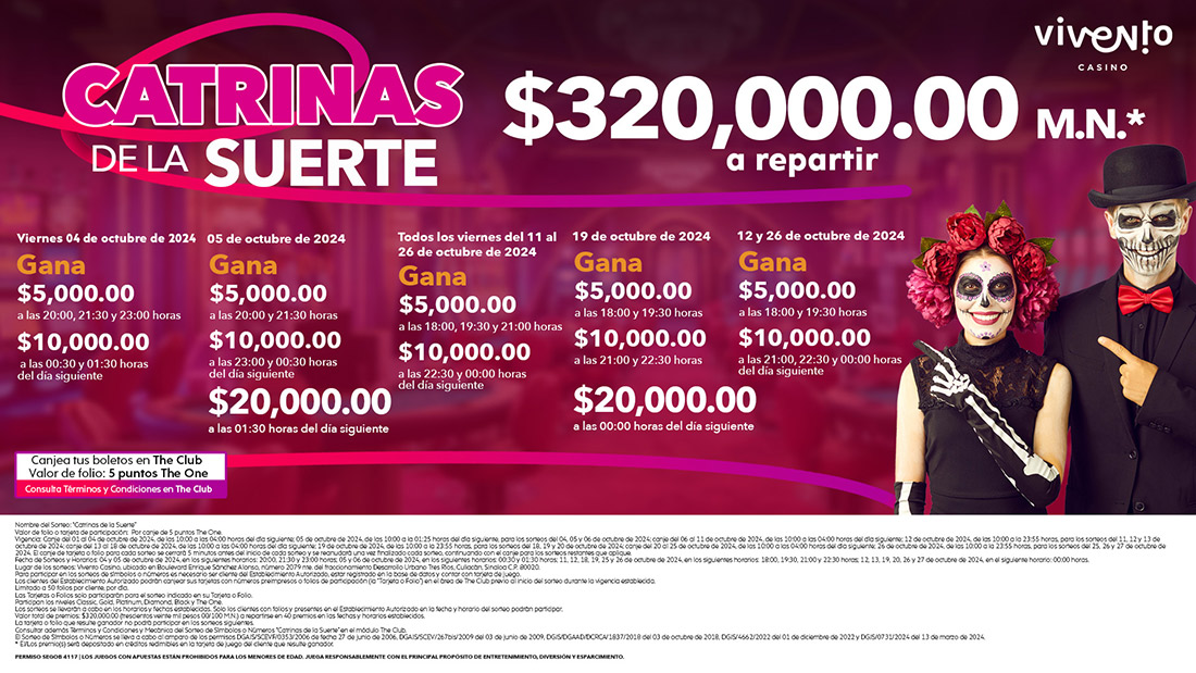 Diviértete con nuestro sorteo Catrinas de la Suerte con $320,000 pesos* a repartir